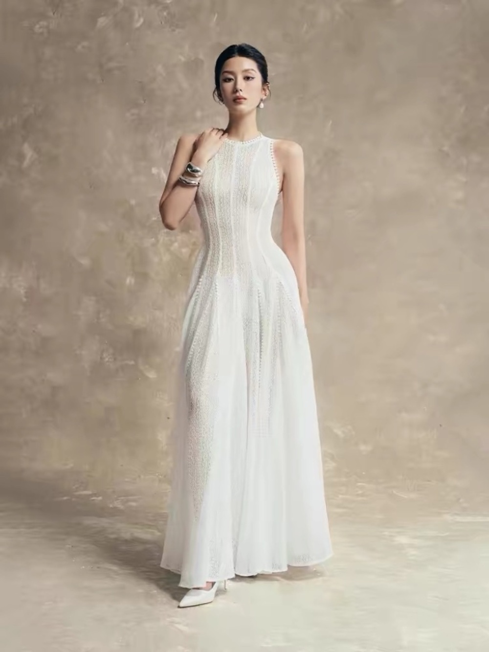 White Open Knit Maxi Dress Sleeveless Corset Waist Full Skirt size S